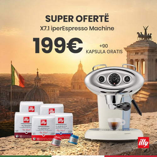 Aparat illy X7.1 i Bardh me kapsula (2 Classico + 1 Intenso + 1 Lungo + 1 Decaffeinato)